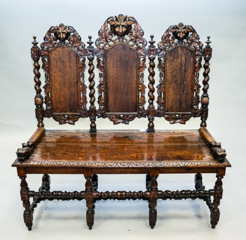 Lot 1073 - VICTORIAN CARVED OAK HALL SETTEE OF 17TH...