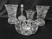 Lot 25 - THREE CRYSTAL VASES, DECANTER AND A BOWL