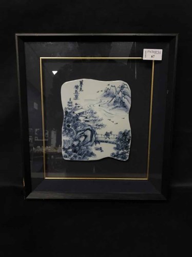 Lot 67 - CHINESE BLUE AND WHITE HAND PAINTED TILE framed