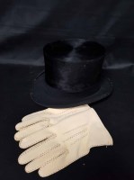 Lot 187 - BLACK TOP HAT AND A PAIR OF WHITE GLOVES