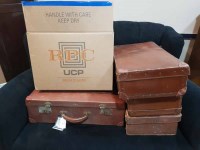 Lot 304 - FOUR LEATHER SUITCASES AND A BOX OF LINEN
