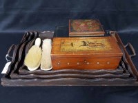 Lot 308 - FOUR SERVING TRAYS, CASED VANITY SET AND OTHER...