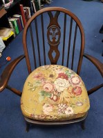 Lot 334 - WINDSOR STYLE ARMCHAIR, RUSH SEATED CHAIR AND...