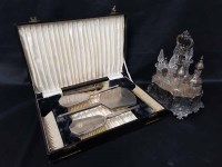 Lot 394 - CASED SILVER VANITY SET AND A PLATED CONDIMENT...