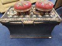 Lot 412 - TAPESTRY EMBROIDERED OTTOMAN AND TWO FOOTSTOOLS
