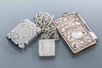 Lot 323 - SILVER ALBERT CHAIN WITH STAMP BOX AND VESTA...