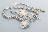 Lot 873 - STERLING SILVER CURB LINK DOUBLE ALBERT CHAIN...