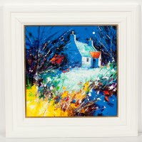 Lot 2235 - MARTIN OATES, NIGHT COTTAGE ARRAN oil on board,...