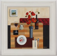 Lot 2198 - LYNNE JOHNSTONE, POPPIES AND WINE oil on board,...