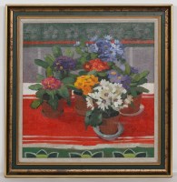 Lot 2237 - * ANNE DONALD, CINERARIAS AND PRIMULAS oil on...