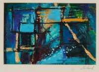 Lot 2343 - * SARA MEAD, ABSTRACT GOLD AND BLUE mixed...