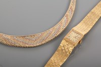 Lot 1820 - NINE CARAT GOLD TRI-COLOUR NECKLACE 23g; along...