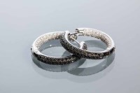 Lot 2210 - PAIR OF BLACK AND WHITE DIAMOND HOOP EARRINGS...