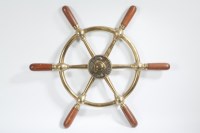 Lot 834 - SHIP'S SIX-SPOKE BRASS WHEEL the centre with...