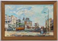 Lot 2360 - * ROBIN MILLER, TOWNSCAPE WITH TRAMS oil on...