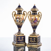 Lot 501 - PAIR OF VIENNA PEDESTAL GARNITURE VASES WITH...