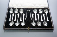 Lot 301 - SET OF TWELVE SILVER TEASPOONS AND SUGAR TONGS...