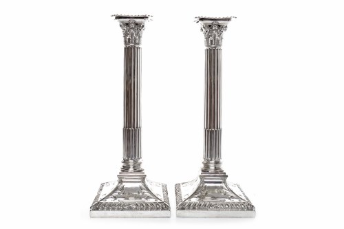 Lot 885 - PAIR OF CORINTHIAN COLUMN PLATED CANDLESTICKS...