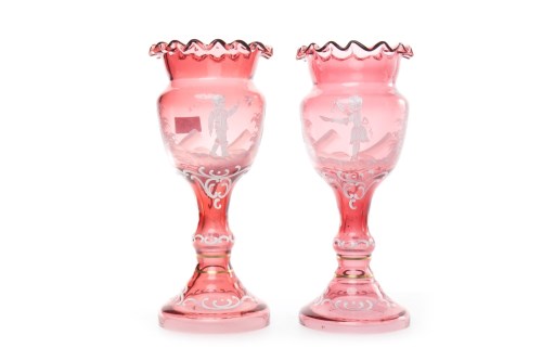 Lot 1248 - PAIR OF CRANBERRY GLASS VASES of pinched...