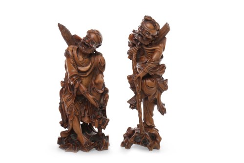 Lot 1026 - TWO 20TH CENTURY CHINESE CARVED WOODEN FIGURES...