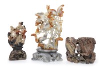 Lot 1047 - THREE 20TH CENTURY CHINESE SOAPSTONE CARVINGS...
