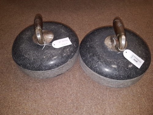 Lot 1648 - PAIR OF GRANITE CURLING STONES with turned...