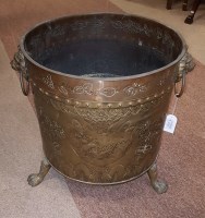 Lot 1722 - EMBOSSED BRASS CYLINDRICAL FUEL BIN of 17th...