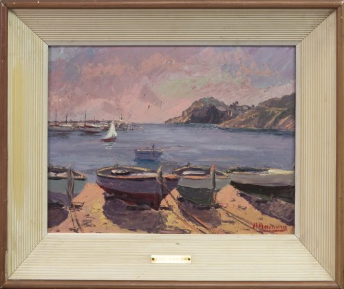 Lot 35 - * PERE MANERA (SPANISH), BEACHED BOATS oil on...