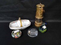 Lot 13 - HOCKLEY MINERS LAMP along with a hand painted...