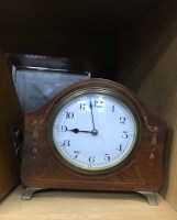 Lot 281 - SMALL INLAID MANTLE CLOCK together with a...