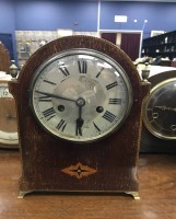 Lot 379 - THREE MAHOGANY MANTEL CLOCKS and an oak...