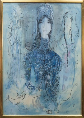 Lot 84 - MAIE E JARVIE, LADY IN BLUE watercolour on...