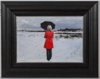 Lot 2414 - GERARD BURNS, RED COAT IN WINTER oil on canvas,...