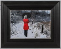 Lot 2418 - GERARD BURNS, RED COAT ON A WINTER PATH oil on...