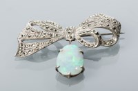 Lot 1674 - UNUSUAL OPAL BOW BROOCH set with marcasites,...