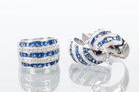 Lot 1765 - SAPPHIRE AND DIAMOND DRESS RING AND EARRING...