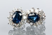 Lot 1841 - PAIR OF SAPPHIRE AND DIAMOND CLUSTER EARRINGS...