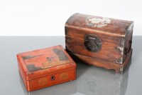 Lot 305 - CHINESE LACQUERED LIDDED BOX AND A WOODEN AND...