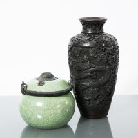 Lot 324 - CHINESE GREEN STONEWARE JAR with bronzed metal...