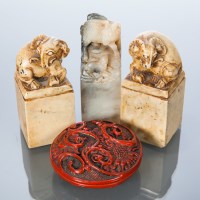 Lot 355 - THREE CHINESE HARDSTONE SEALS each with ram's...