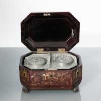 Lot 472 - CHINESE LACQUER TEA CADDY with fitted white...