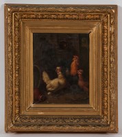 Lot 109 - CONTINENTAL SCHOOL, COCKS AND HEN oil on board,...