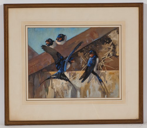Lot 128 - RALSTON GUDGEON, SWALLOWS watercolour, signed...