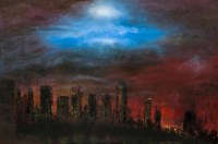Lot 2064 - * RICKY GERVAIS, SUNSET CITYSCAPE oil on...