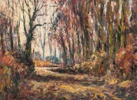 Lot 2181 - * J. D. HENDERSON, INTO THE WOODS oil on board,...