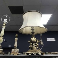 Lot 180 - THREE COMPOSITE TABLE LAMPS and a gilt painted...
