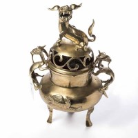 Lot 302 - CHINESE BRASS CENSER with pierced lid, foe dog...