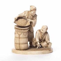 Lot 327 - JAPANESE CARVED IVORY GROUP OF TWO FARMERS one...