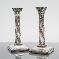 Lot 349 - PAIR OF EDWARDIAN SILVER COLUMN CANDLESTICKS...