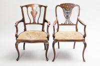Lot 730 - TWO EDWARDIAN MARQUETRY INLAID ARMCHAIRS each...